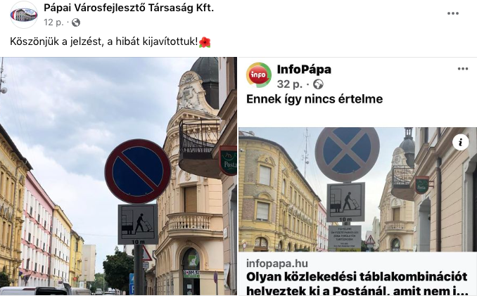 Reagált a Városfejlesztő Kft - Kijavították a hibás táblakihelyezést